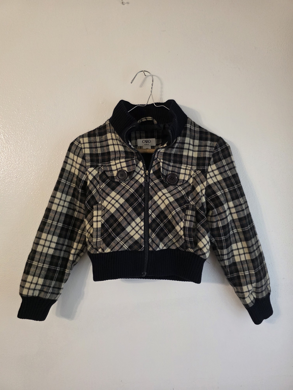 Kids Plaid Jean Bomber Jacket - Black & Cream
